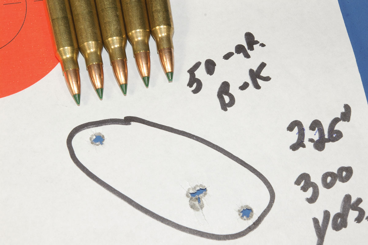 This five-shot group was shot with  Sierra 55-grain BlitzKing bullets from  a .22-250 Remington. A polymer tip  reduces bullet drop a couple of inches at 300 yards over lead-tip bullets.